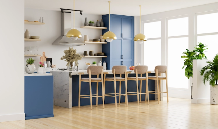 kitchen interior beach style blue furniture contrasting with white walls