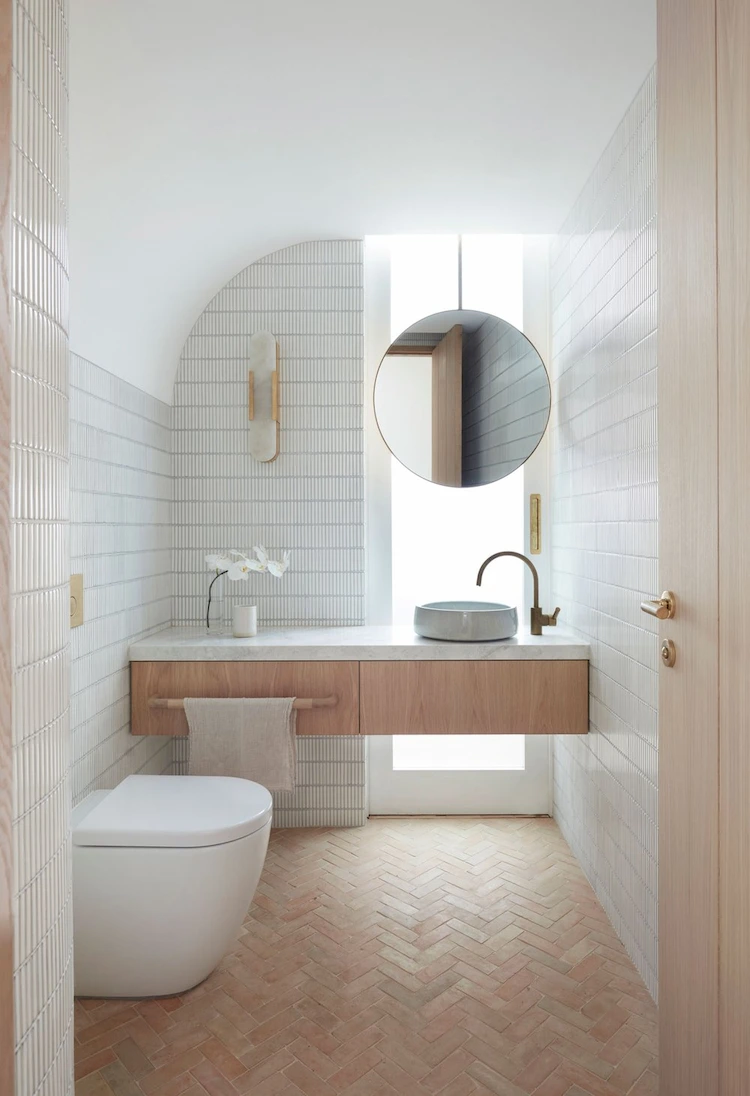 mediterranean bathroom in a modern style with wooden furniture