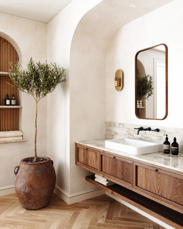 rustic charm with curved walls olive tree in mediterranean style bathroom