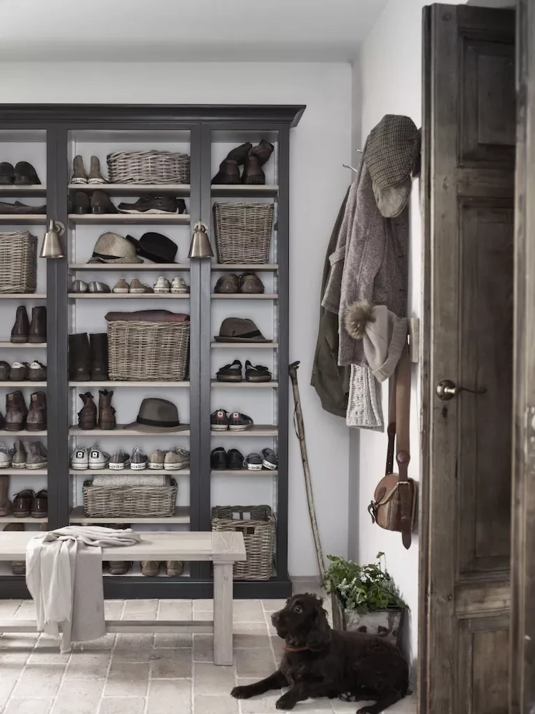 rustic shelves and bench shoes and clothes storage