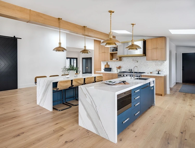 white and wood kitchen with central island