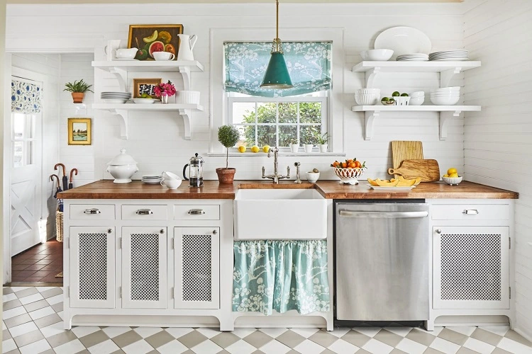 white and wood kitchen with farmhouse sink