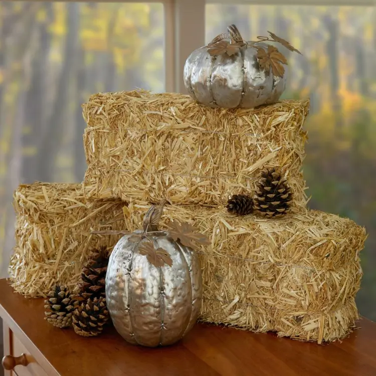 DIY Fall decoration with mini hay bale silver pumpkins and pine cones