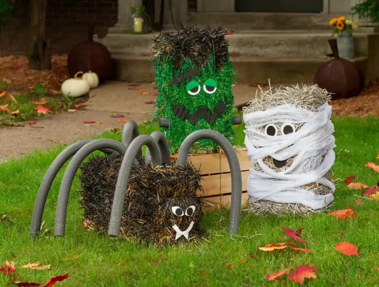 Frankenstein spider and mummy DIY Straw bale decoration for Halloween