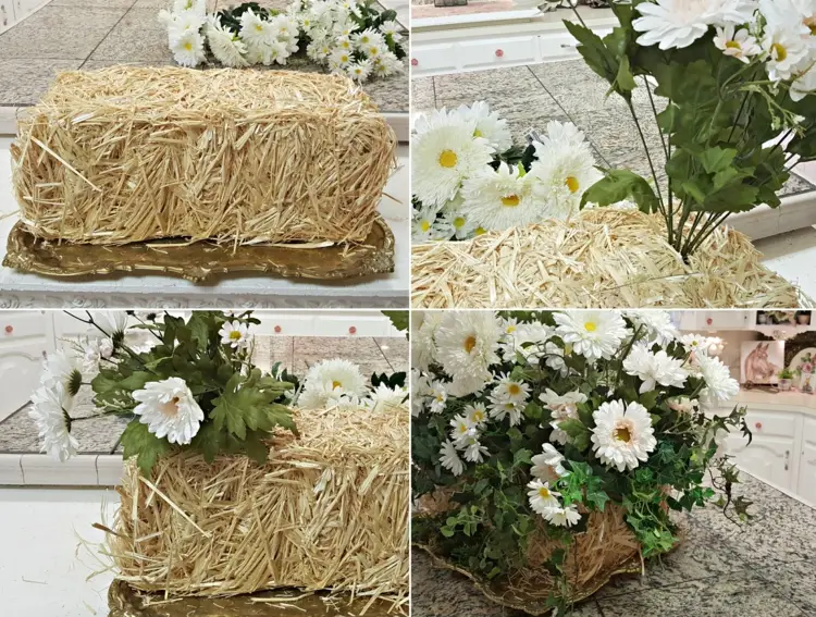 DIY straw bale decoration with flowers on a tray