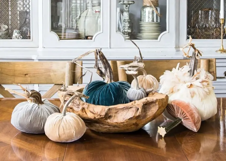 Dining room decoration with velvet pumpkins and mushrooms