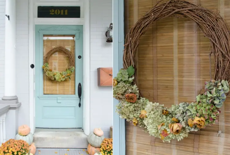 DIY outdoor fall decoration Door wreath with hydrangeas and roses