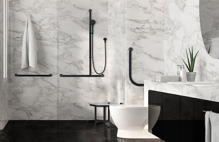 bathroom with marble walls and black shower fixtures