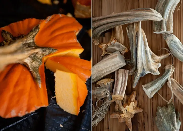 Make a decorative velvet pumpkin with dried pumpkin or zucchini stalks
