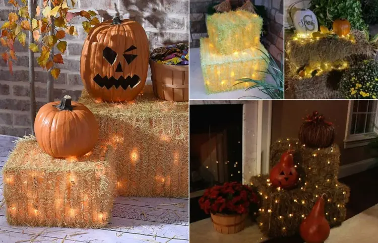 Straw bale decoration with string lights for indoors and outdoors