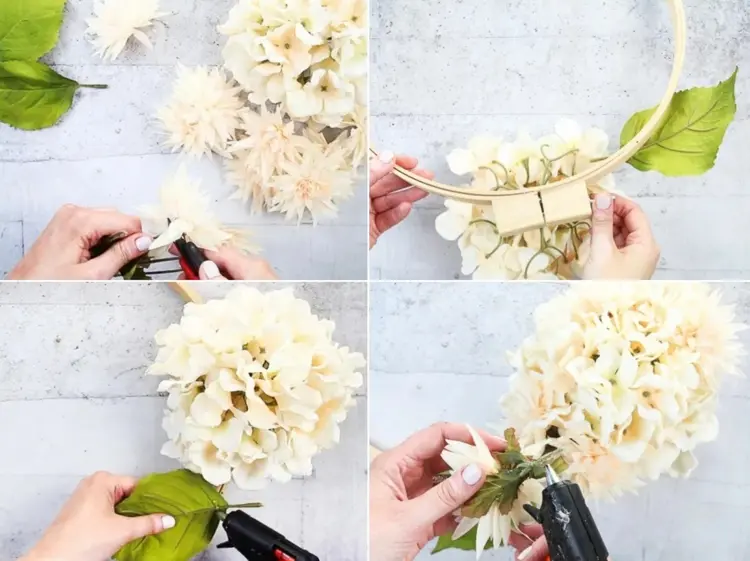 Tie and glue artificial flowers to a wooden ring for an autumn wreath