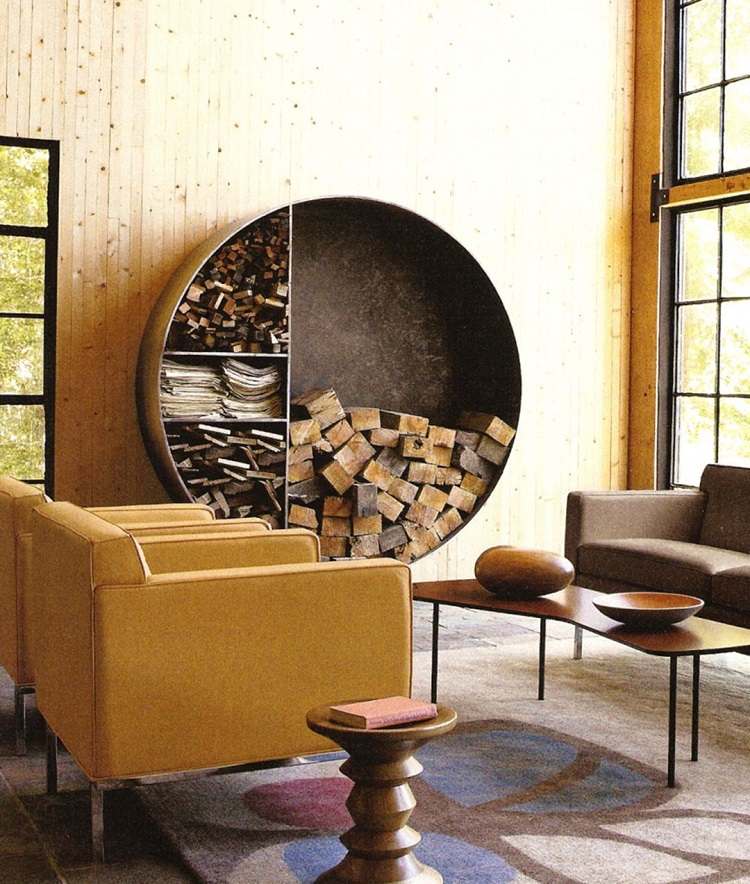 Wood storage in the living room steel shelf with logs