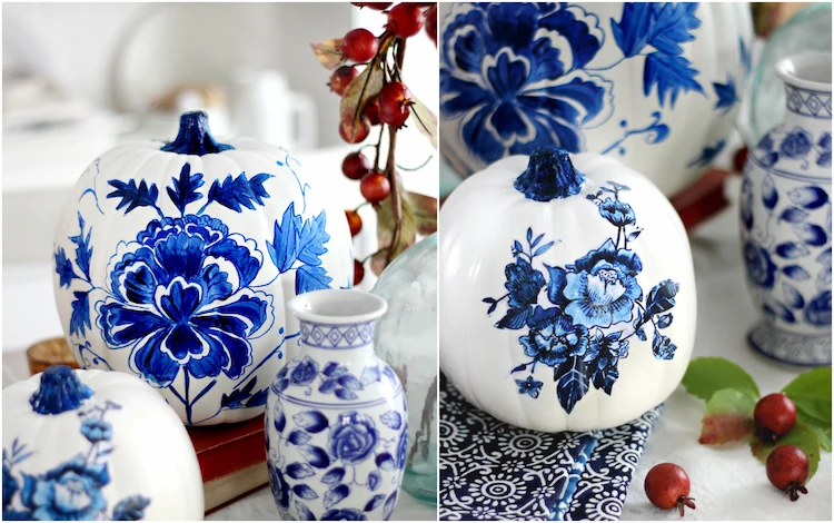 You can paint a pumpkin and combine it with white blue porcelain