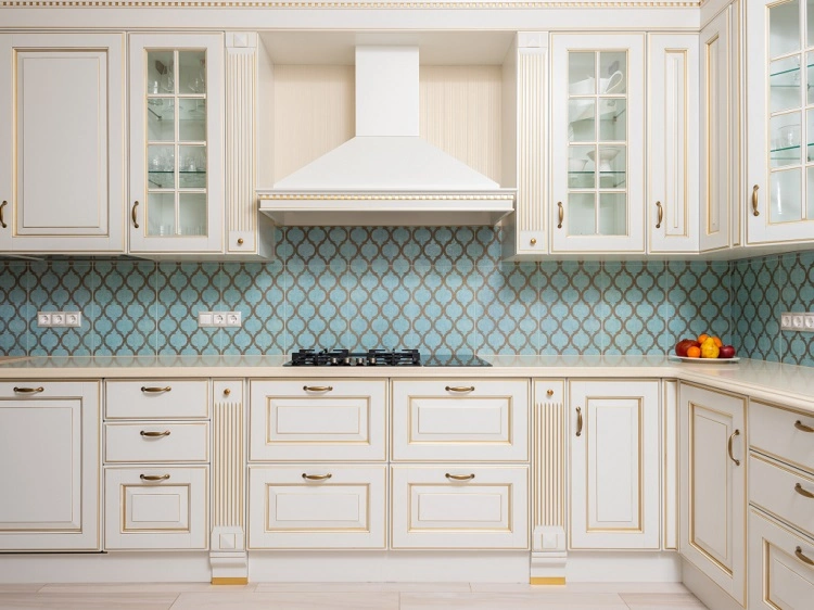 blue kitchen backsplash white cabinets