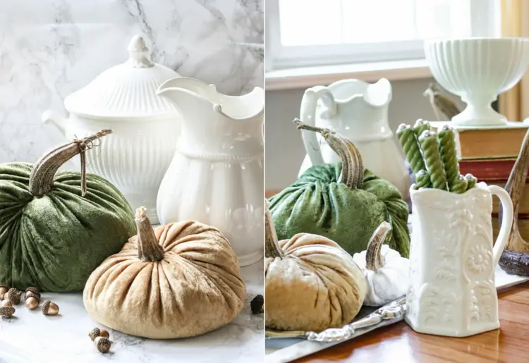 fall table compositions with decorative velvet pumpkins