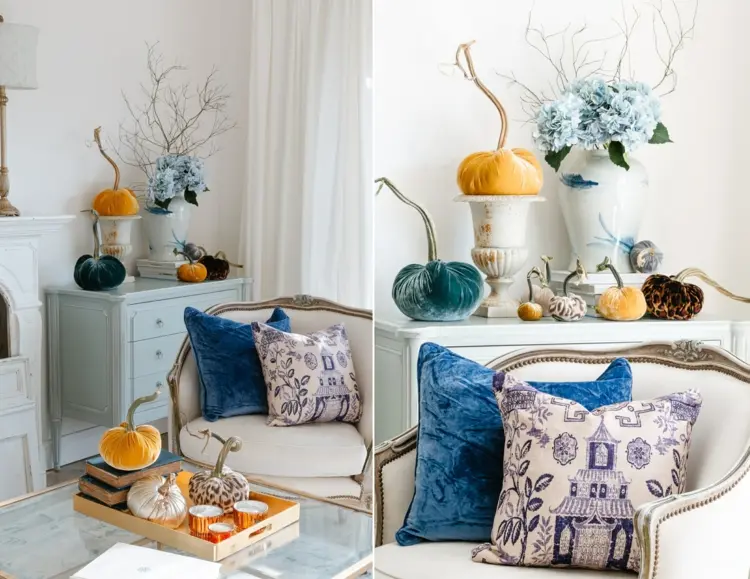 living room fall decoration with velvet as an accent for cushions or pumpkins