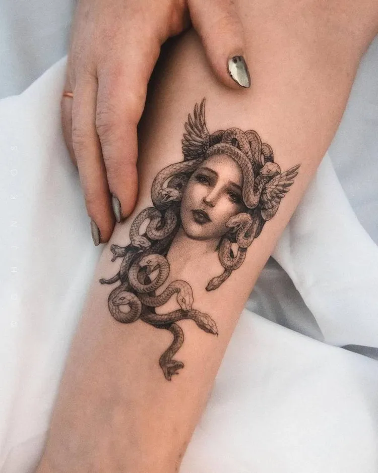 medusa tattoo meaning woman forearm