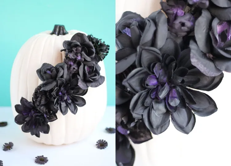 Chic Halloween 2022 DIY table decoration ideas white pumpkin black flowers tutorial