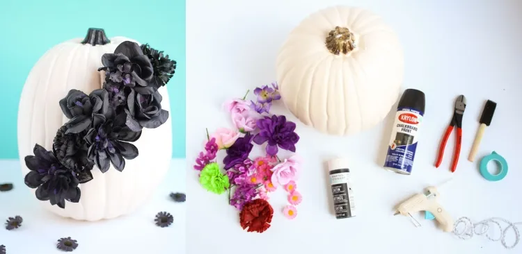 DIY Halloween 2022 table decoration white pumpkin black flowers