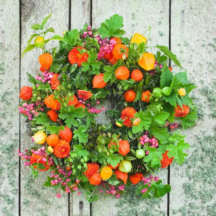 DIY autumn wreath with physalis and other fresh fall flowers