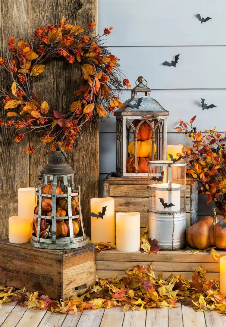 Metal lanterns for the porch for Halloween decorate with bats
