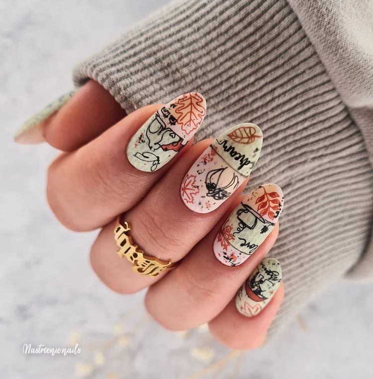 autumn nails design coffee pumpkin and colors