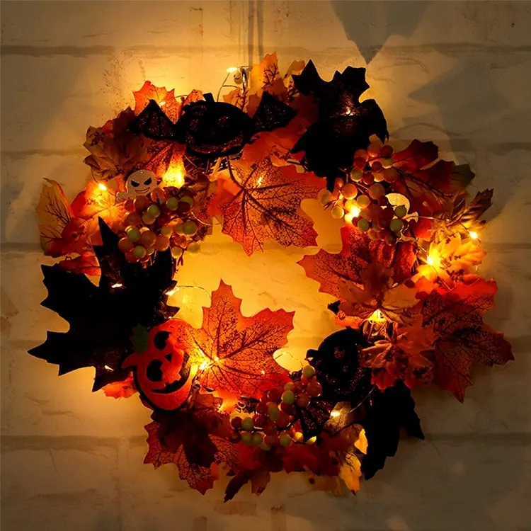 autumn wreath with lights and leaves