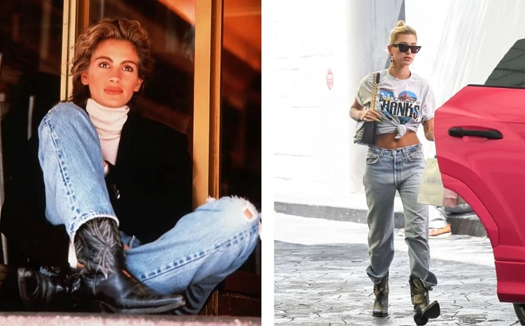 botas vaqueras tendencias de la moda de los 80 inspiraciones hailey bieber julia roberts ideas de la moda de los 80