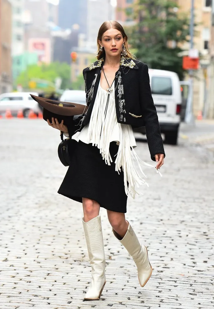 fashion trend shoes cowboy boots women gigi hadid fall 2022 mid season outfit