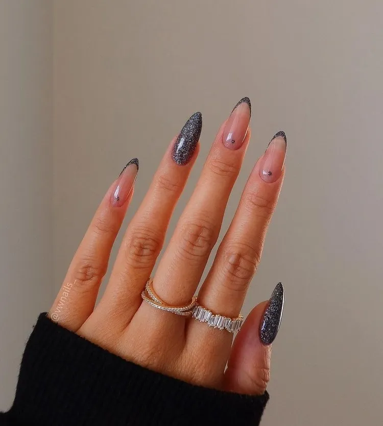 french manicure winter 2022 glitter stiletto nails