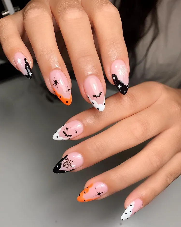french nail art manicure october orange white and black color
