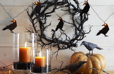 halloween decoration with crows and lights