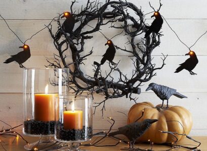 halloween decoration with crows and lights