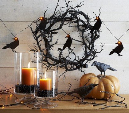 halloween decoration with crows and lights
