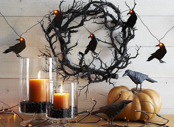 halloween decoration with crows and lights