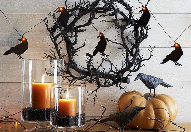 halloween decoration with crows and lights