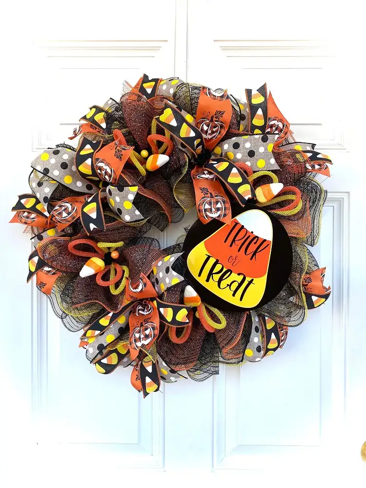 outside halloween decoration with funky colors and hair ties and ribbons