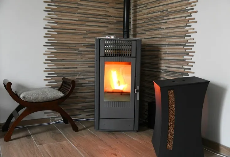 pellet stove with tile heat shield