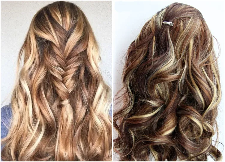 platinum blonde and caramel highlights half up hairstyle