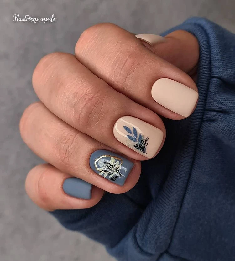 simple nail design autumn colors grey blue and beige