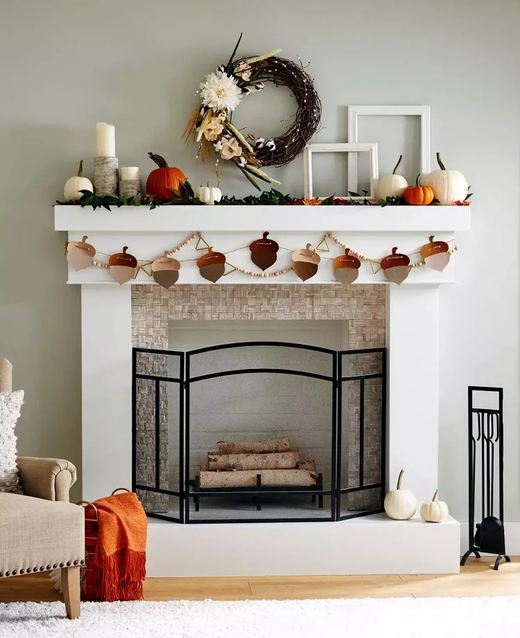 white mantel fall decorations, cosy fireplace decor