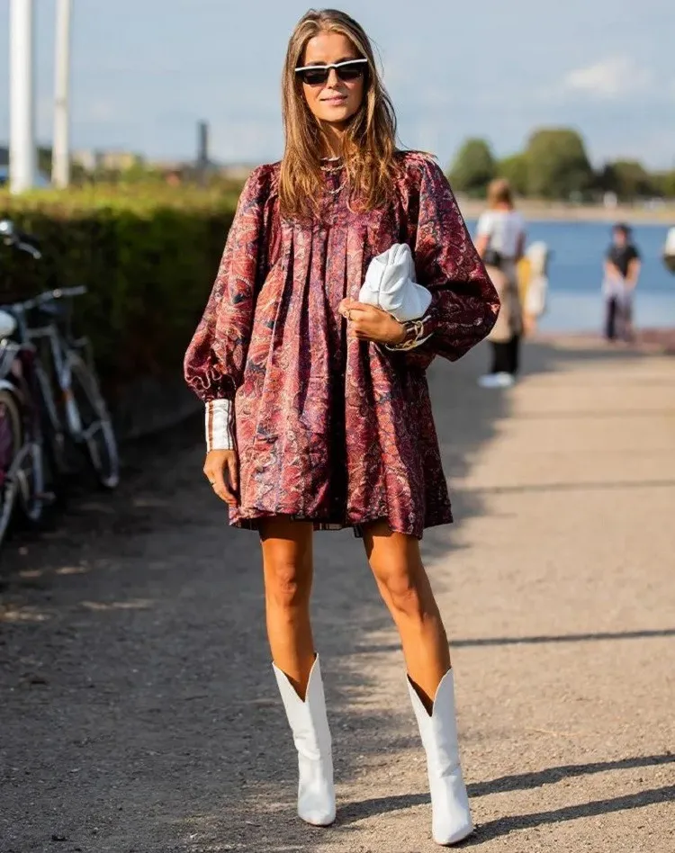 street fashion outfit womens trendy boots 2022 with mini dress idea