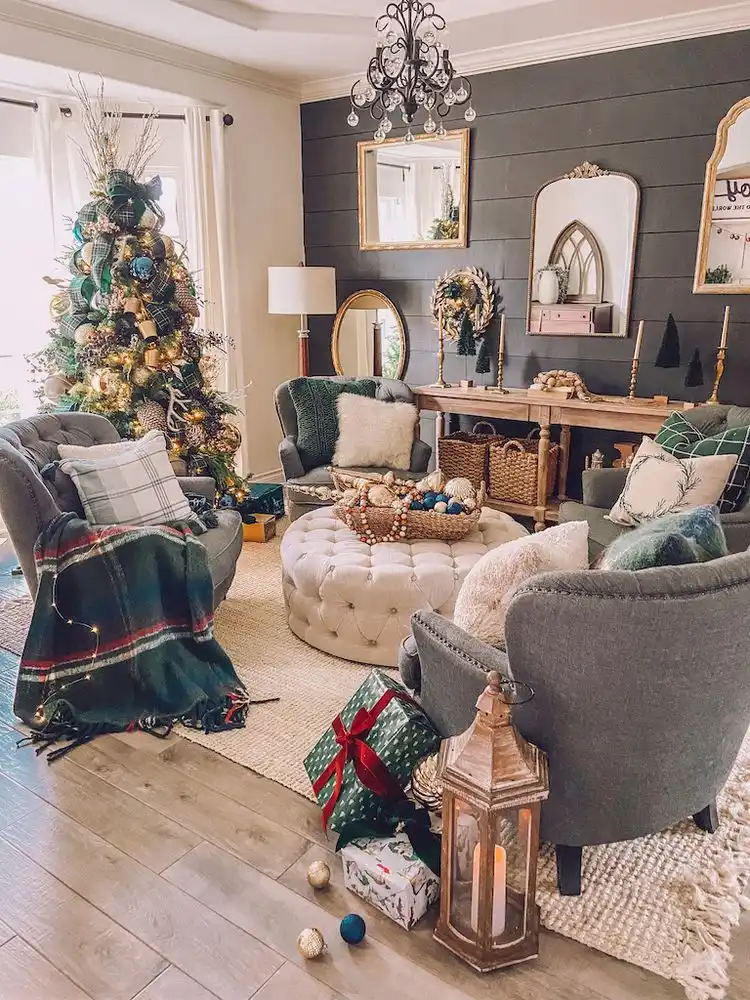 Blue and green cozy Christmas living room