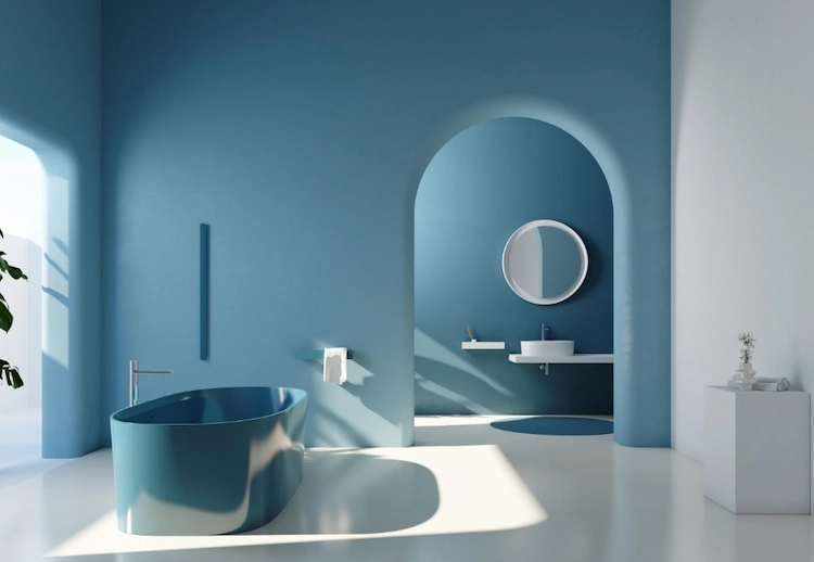 Blue as modern and common color for bathroom trends 2023 with natural looking effect in the room