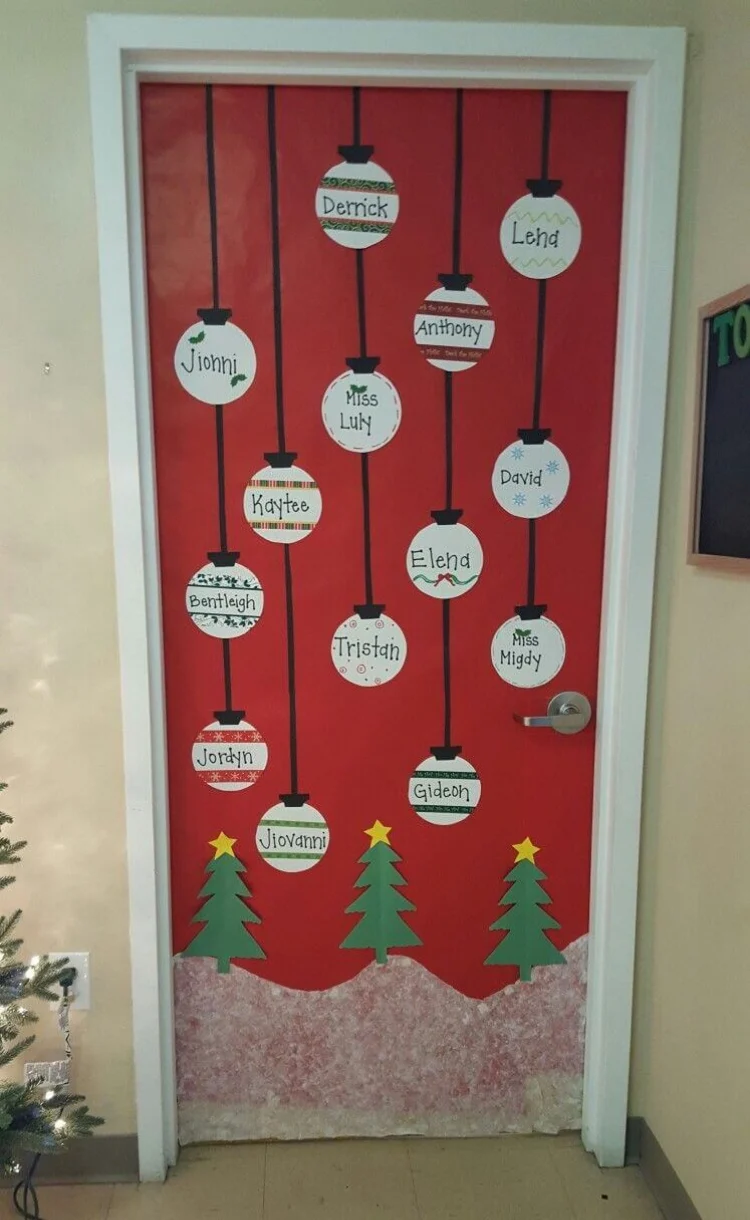 Christmas tree ball ornaments with names classroom door decor