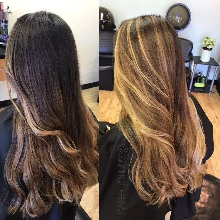 Honey balayage on brown hair before after