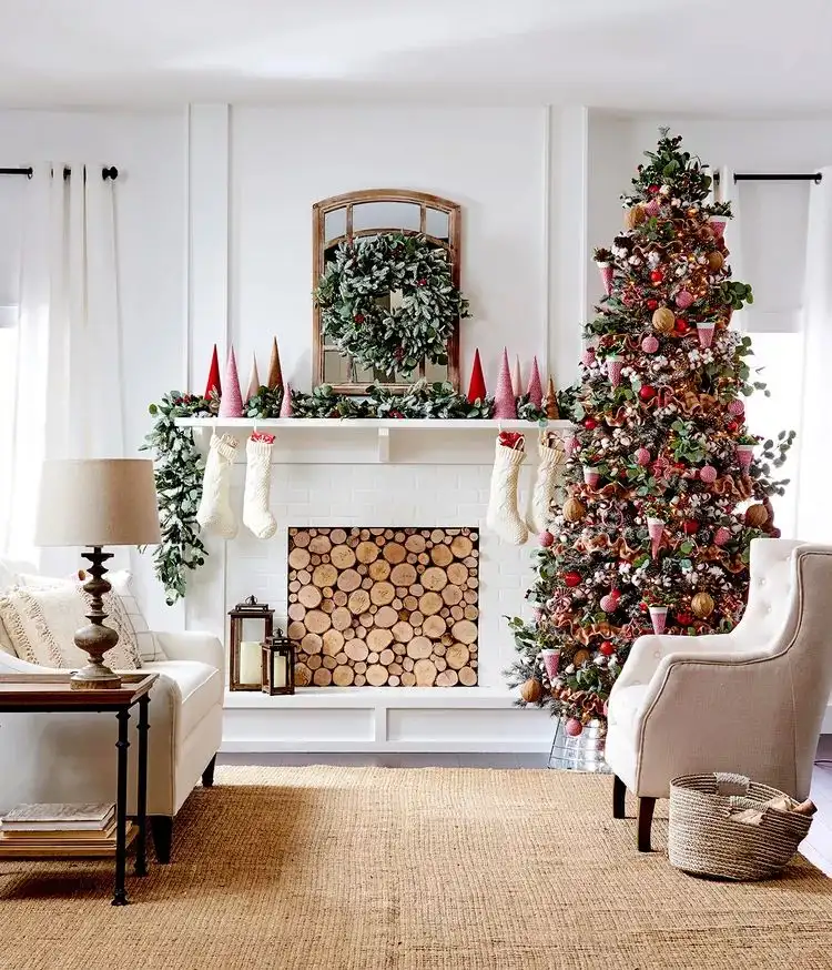 Traditional red and white Christmas living room decorations