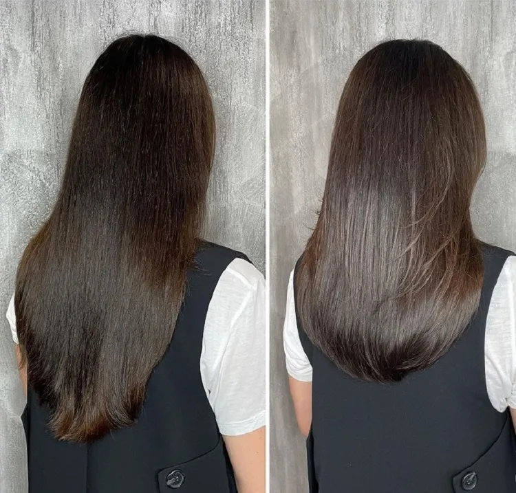 Corte de cabello en forma de U para cabello fino antes y después del cabello largo y oscuro