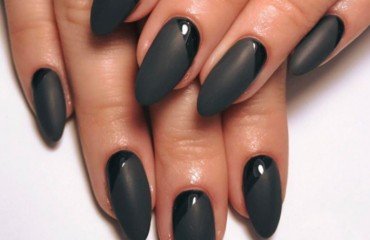 matte and glossy black manicure design long nails