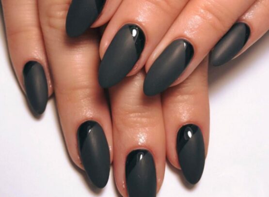 matte and glossy black manicure design long nails